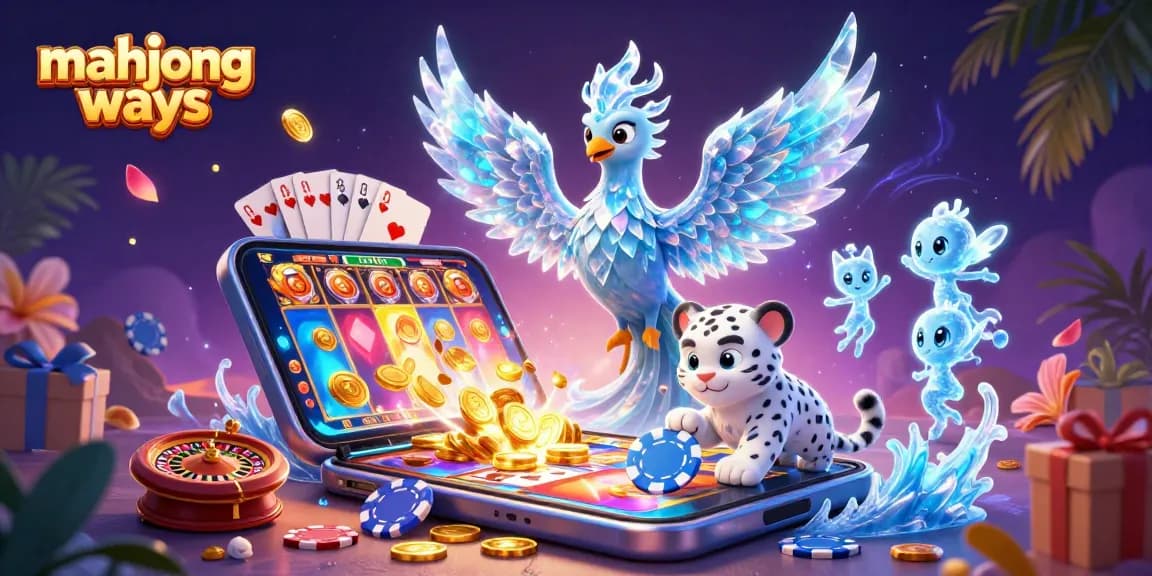 Experience mahjong ways with an ice phoenix and cub playing in a vibrant casino scene.