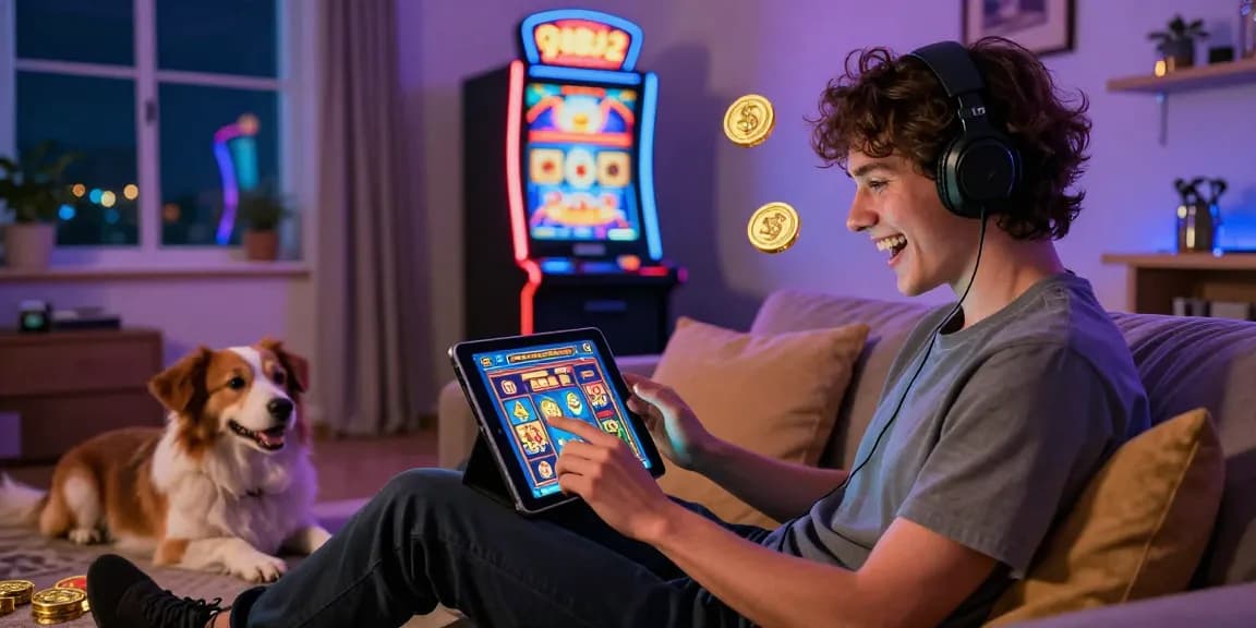Excited gamer playing slot depo 1000 on a tablet surrounded by vibrant casino graphics and cozy home setting.