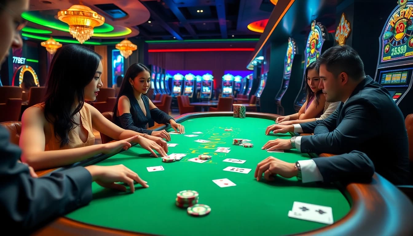 Players enjoying a vibrant 789BET gaming table with engaging dealers and high-end casino elements.