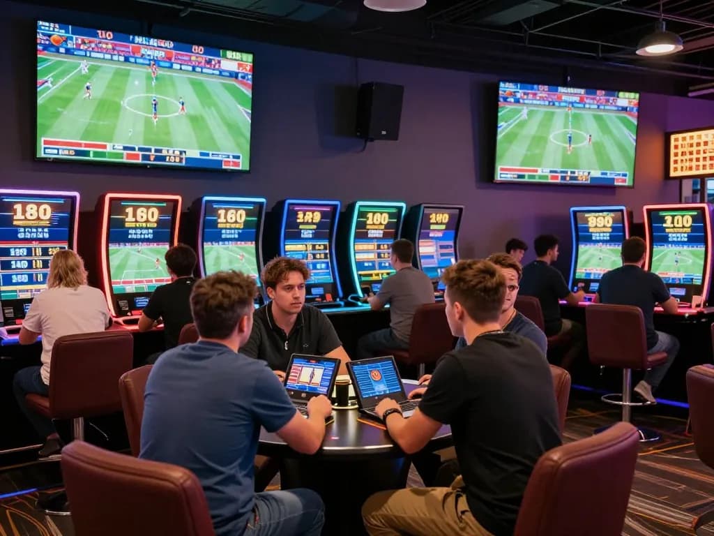 A thrilling sports betting scene at alexis77 with enthusiastic bettors analyzing odds in a vibrant casino atmosphere.