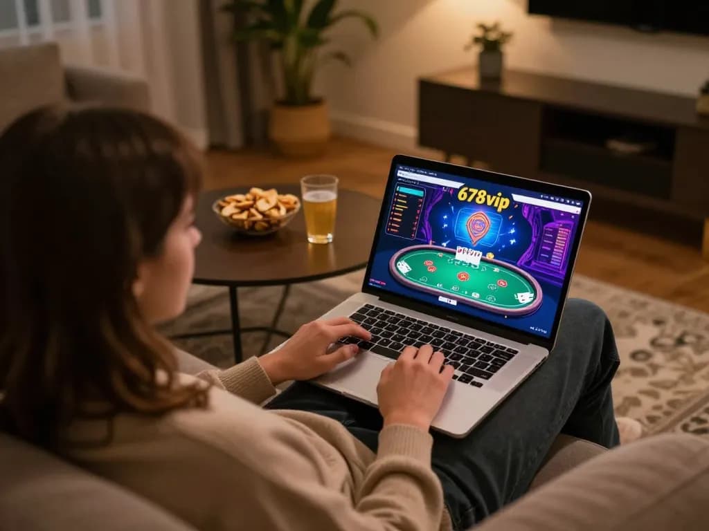Player engaging with 678vip online gambling interface on a cozy couch, showcasing responsible gaming