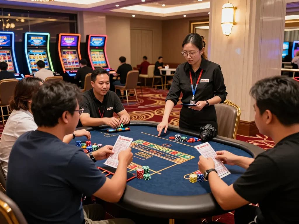 Players enjoying Bandar Togel at a lively casino table, showcasing excitement and interaction.