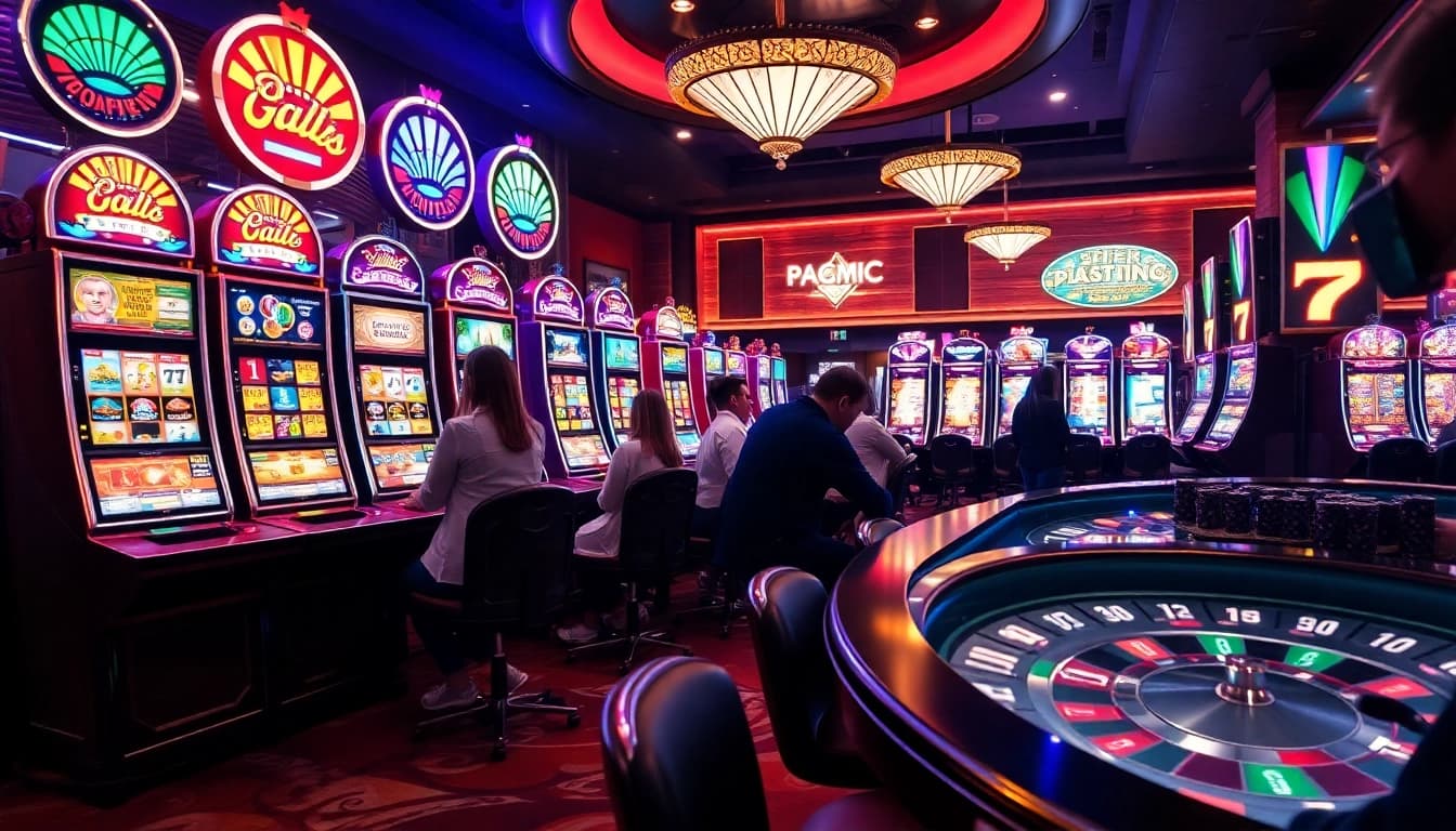 Excited players engage with vibrant pragmatic slot machines in a luxurious casino setting.