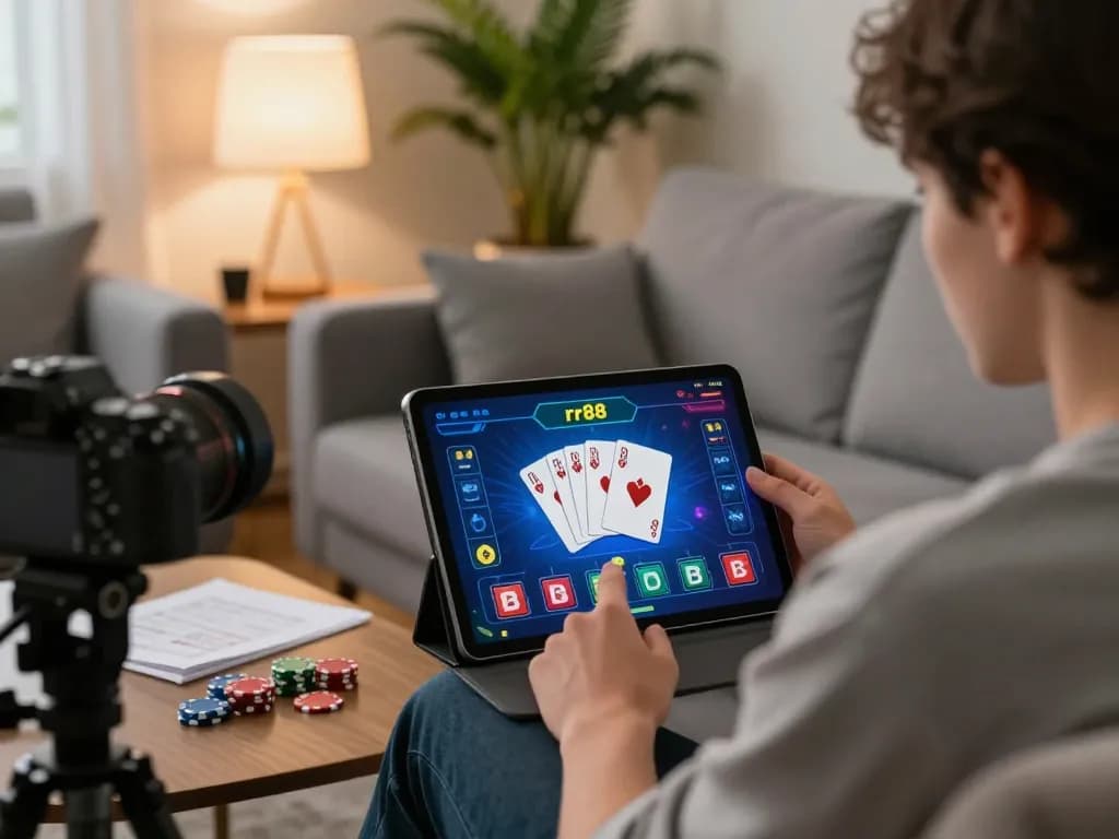 Engaging gaming moment on rr88 platform featuring poker strategies in a cozy home setting.
