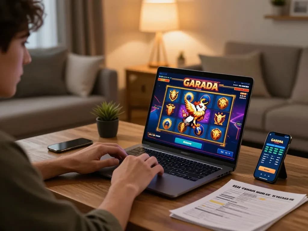 Enjoying garuda slot gameplay at home with strategic notes and gaming accessories.
