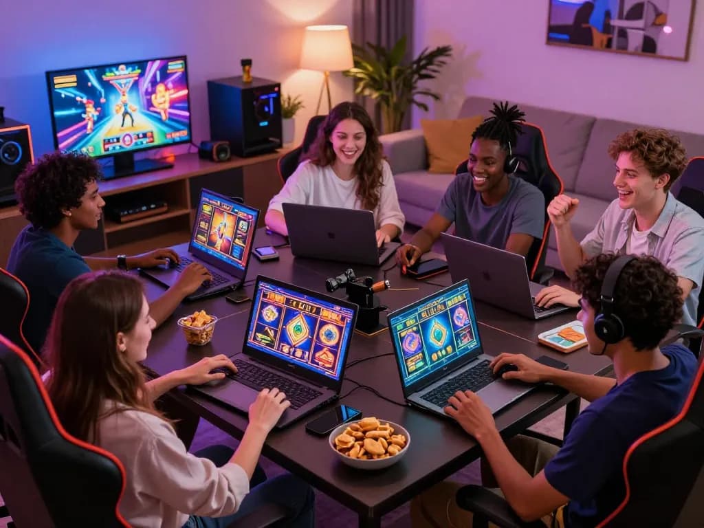 Engaging online gaming scene with friends playing ligasedayu slots in a cozy environment, showcasing excitement and camaraderie.
