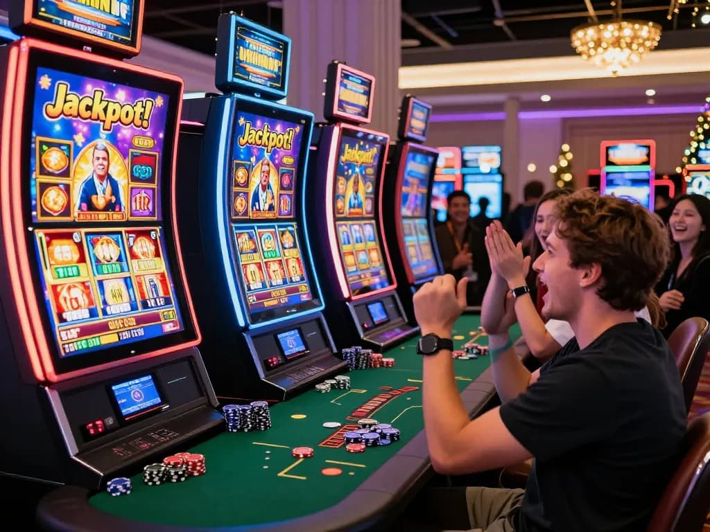 Person celebrating a win at a slot gacor hari ini game in a vibrant online casino.