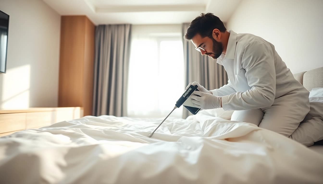 Expert applying bed bug chemical treatment in a clean bedroom setting to ensure effective pest control.