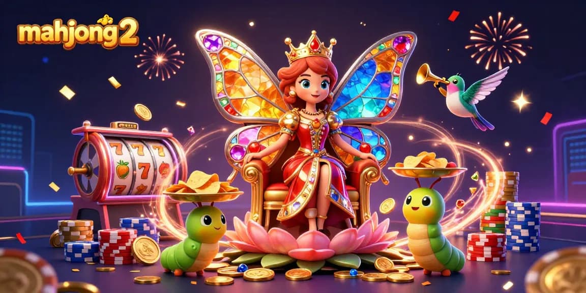Experience winning strategies with mahjong 2 in a vibrant casino illustration filled with joyful characters and dynamic game elements.