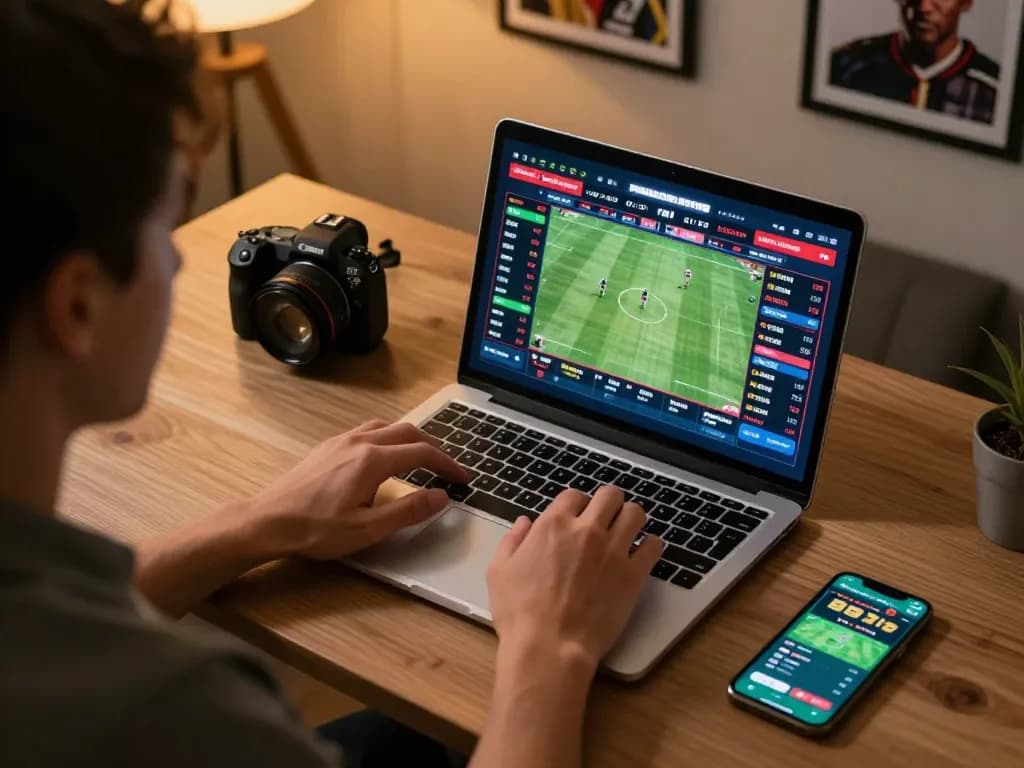 Open88 user placing sports bets online with laptop and smartphone while enjoying a comfortable atmosphere