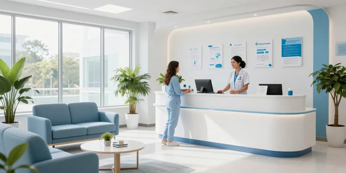 Freelancer health insurance consultation in a modern health clinic, showcasing compassionate patient care and medical services.
