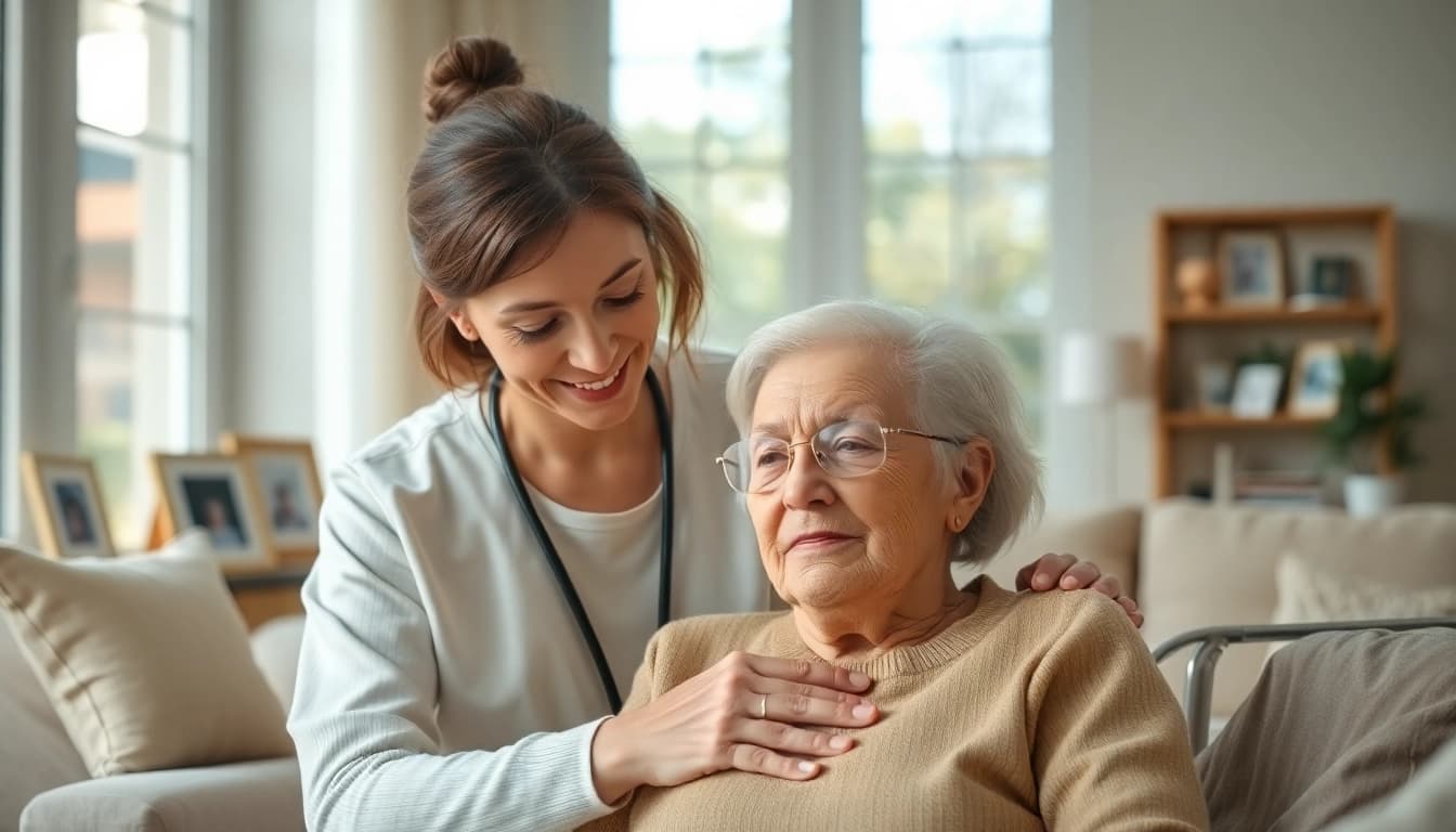 Engaged caregiver providing in home health care near me in a warm, inviting setting.