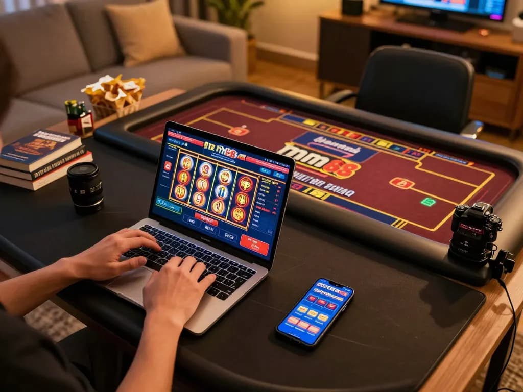 Player engaging with mm88 online casino on laptop and smartphone, showcasing vibrant gameplay.