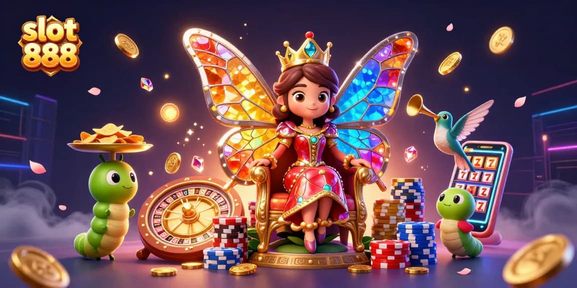 Experience excitement playing slot 888 with vibrant 3D casino elements and characters in this illustration.
