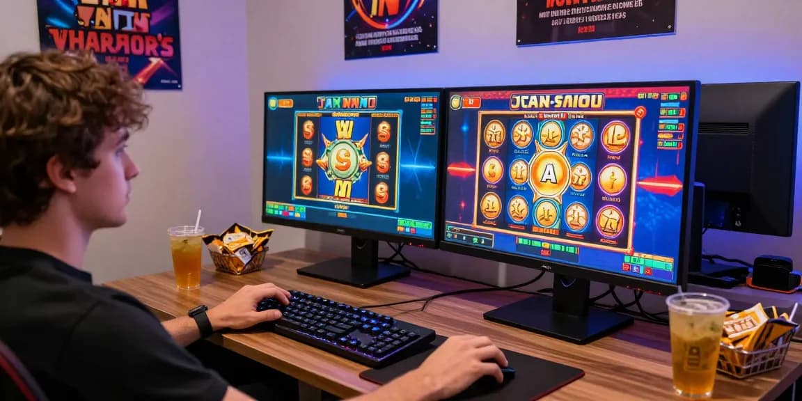 Exciting slot gaming experience with vibrant visuals on dual monitors, player engaged in online gambling.