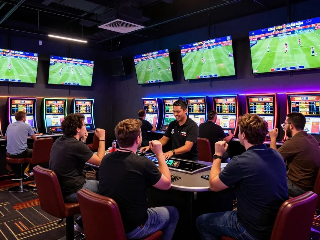 Watch okwintv trực tiếp live sports events, with fans placing bets in a vibrant sports betting environment.