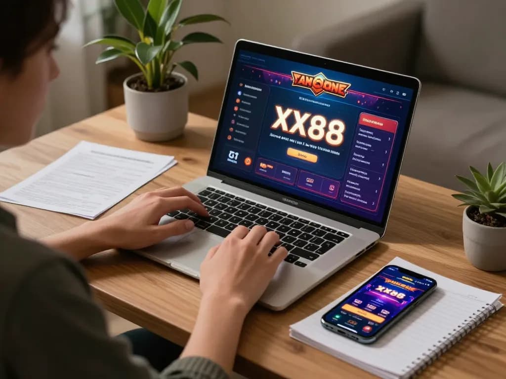 Engaging with XX88 gaming app on a laptop in a cozy home setup, showcasing strategic online gambling