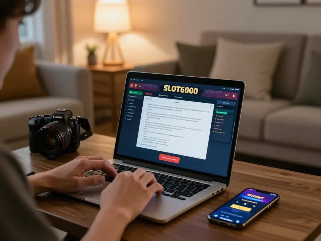 SLOT6000 online gaming interface displayed on a laptop with strategic notes and smartphone alerts in a cozy home setup