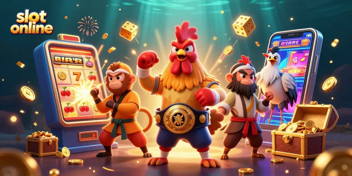 Menggandakan kesenangan slot online dengan ilustrasi karnaval petarung dan mesin jackpot yang mengesankan.