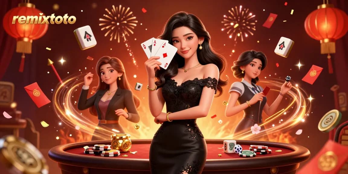 Win at remixtoto with stylish Asian woman holding ace cards, vibrant casino atmosphere