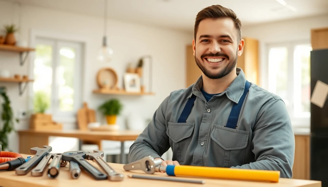 Plumber near me assisting a customer in a bright kitchen, showcasing professionalism and approachability.