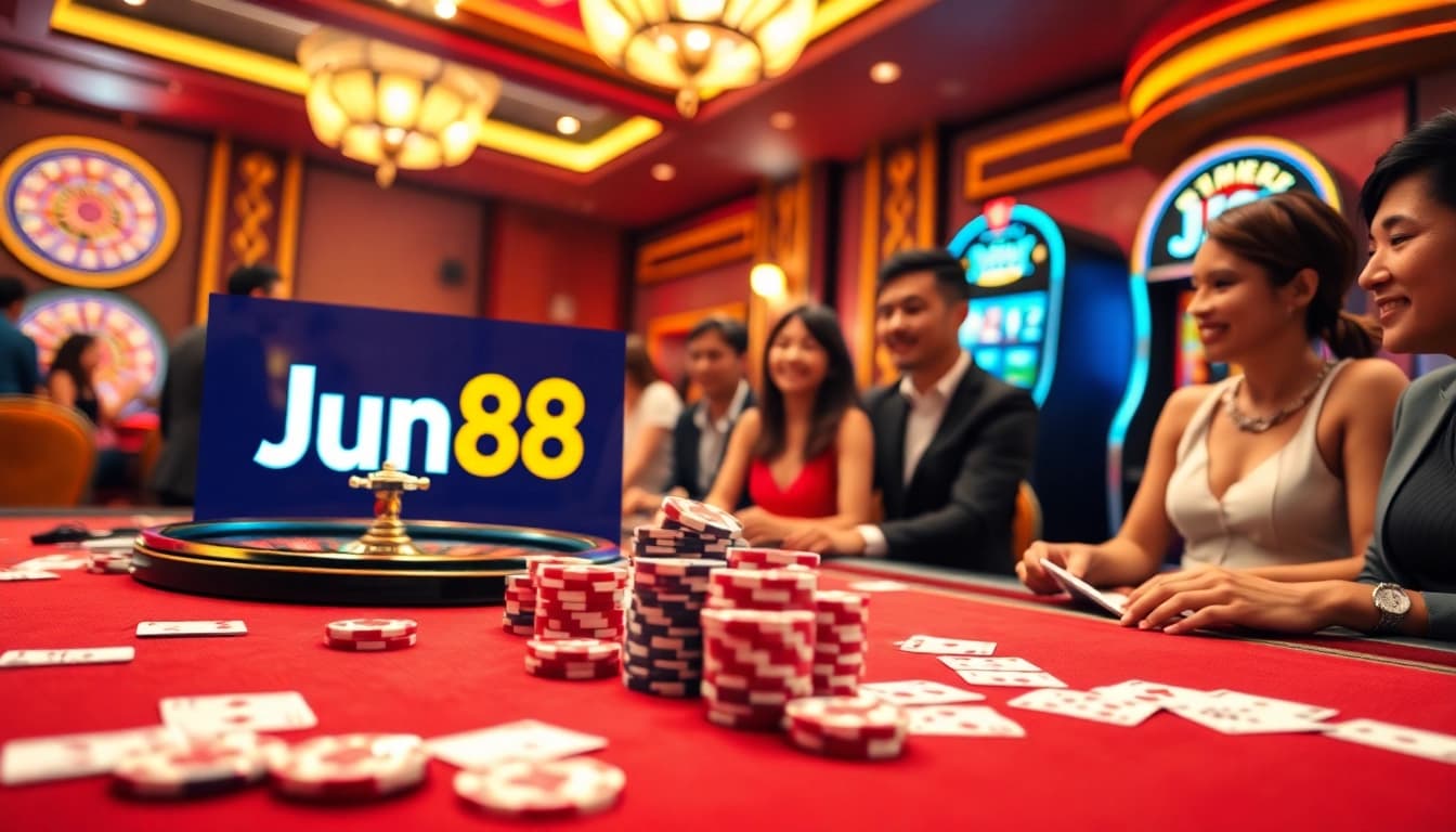 Exciting gambling action at Jun88 casino featuring poker, roulette, and slot machines.