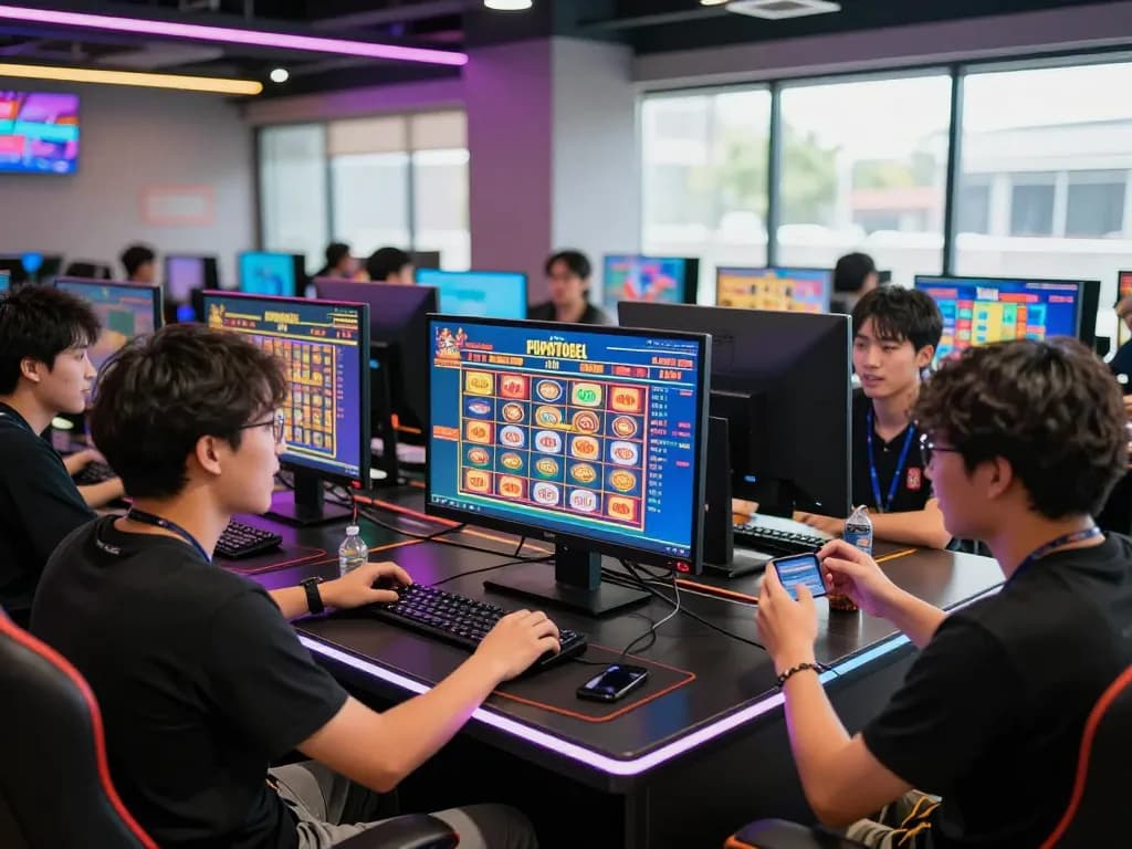 Players enjoying popotogel in a lively gaming lounge, showcasing excitement and strategy.