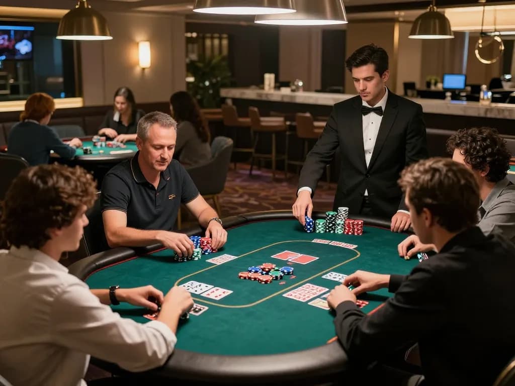 Players strategizing in a poker game at hytw3339a's upscale casino lounge atmosphere.