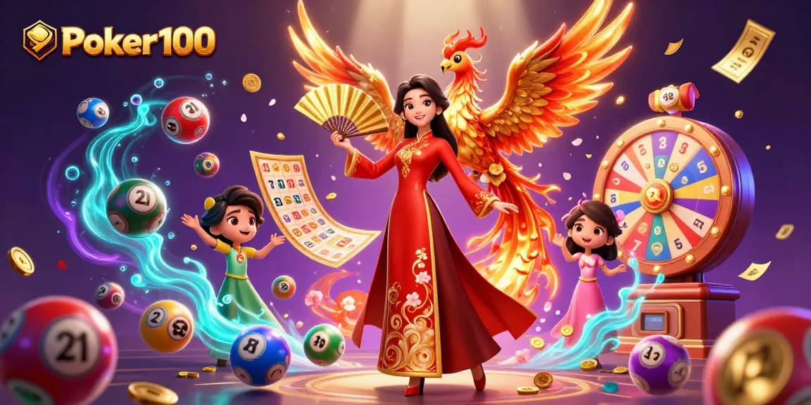 Experience the thrilling action of Poker100 with a vibrant scene featuring a 3D woman and phoenix amidst gaming elements.