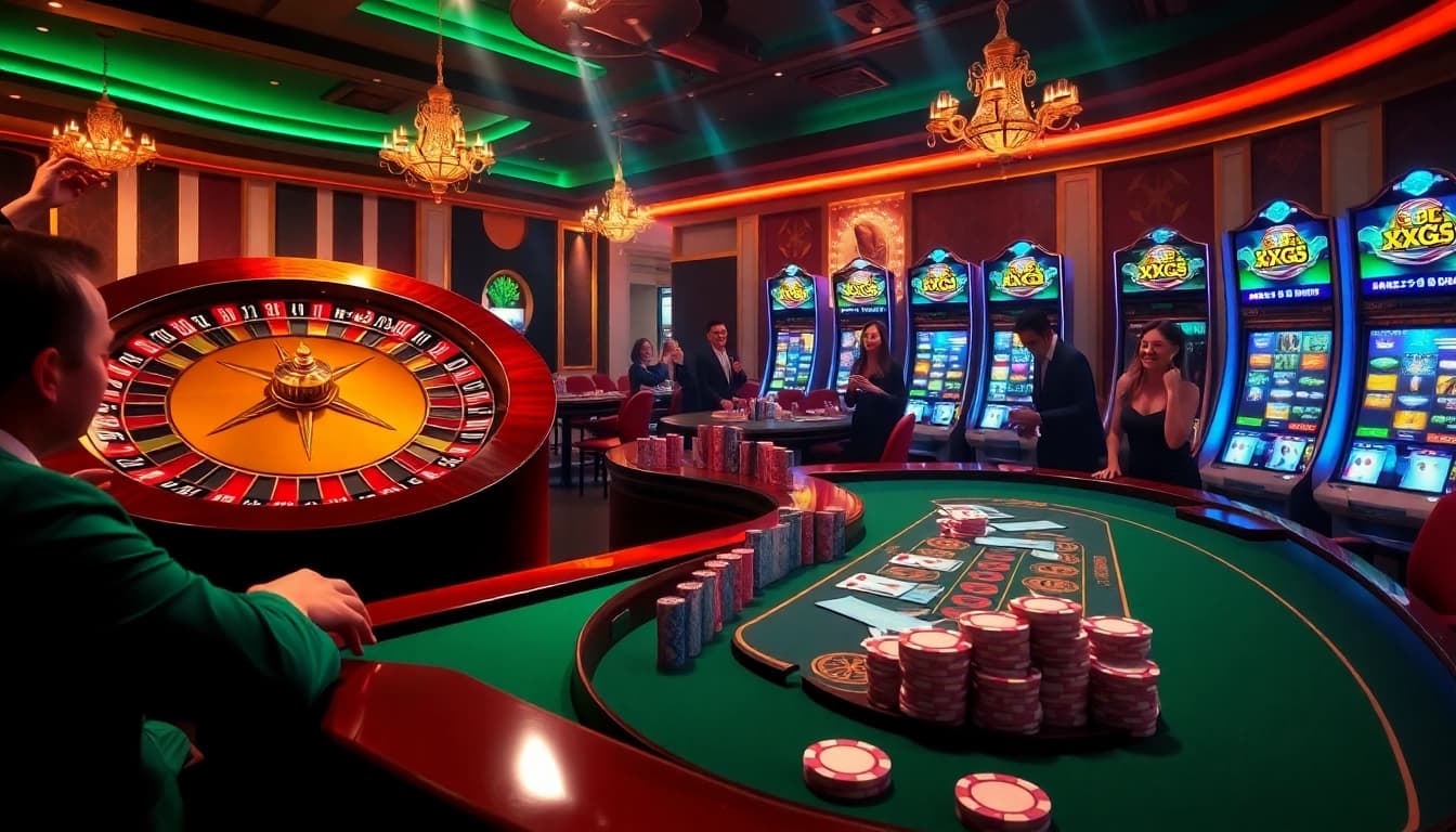 Gambling scene with players enjoying xxgg slot machines and roulette at a luxury casino.