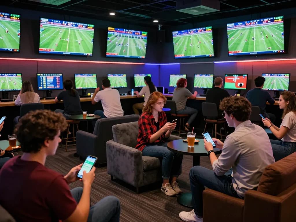 Cakhia TV sports betting lounge filled with excited fans watching live football matches and placing bets.