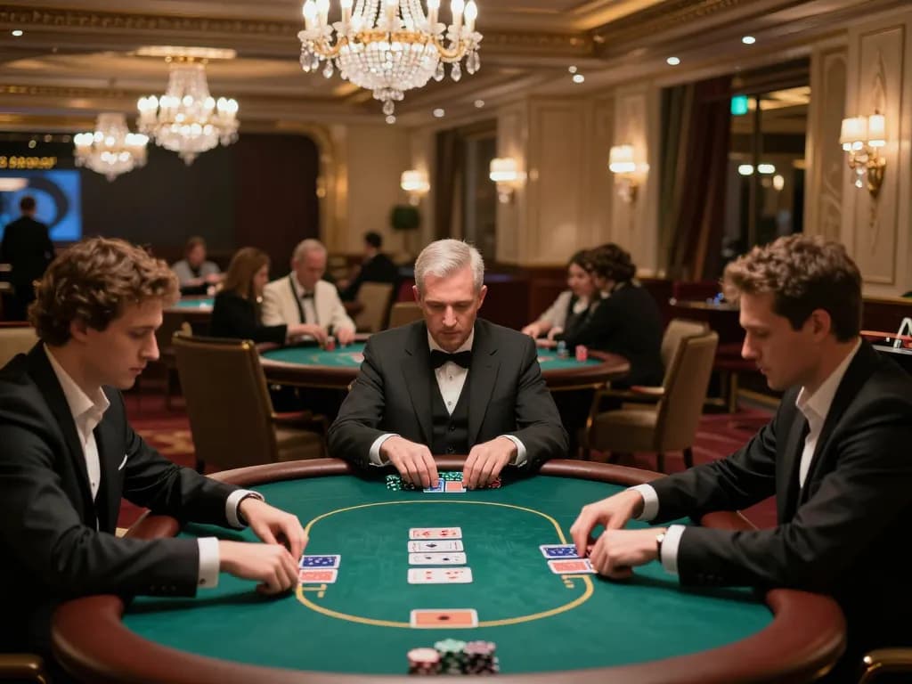Players engaged in an intense poker game in the KP88 VIP area with elegant decor and luxurious atmosphere