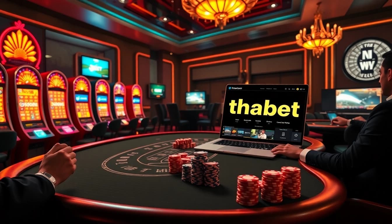 Experience the excitement of casino games at thabet.com with vibrant slot machines and poker tables.