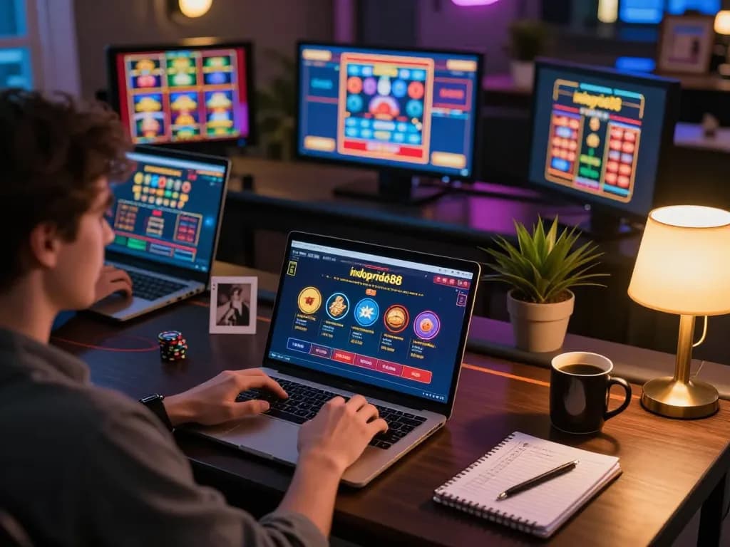 Player engaging in strategic gameplay on indopride88 online poker platform while seated at a stylish desk.