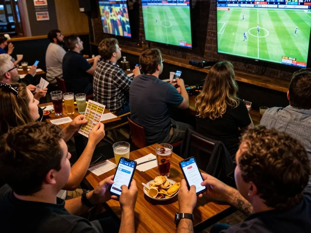 KQBD sports betting scene with excited patrons placing bets in a lively sports bar.