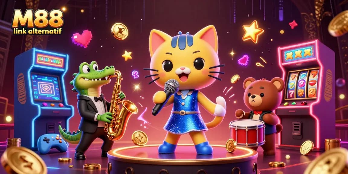 Experience the excitement of M88 link alternatif in this vibrant 3D casino illustration featuring lively characters.