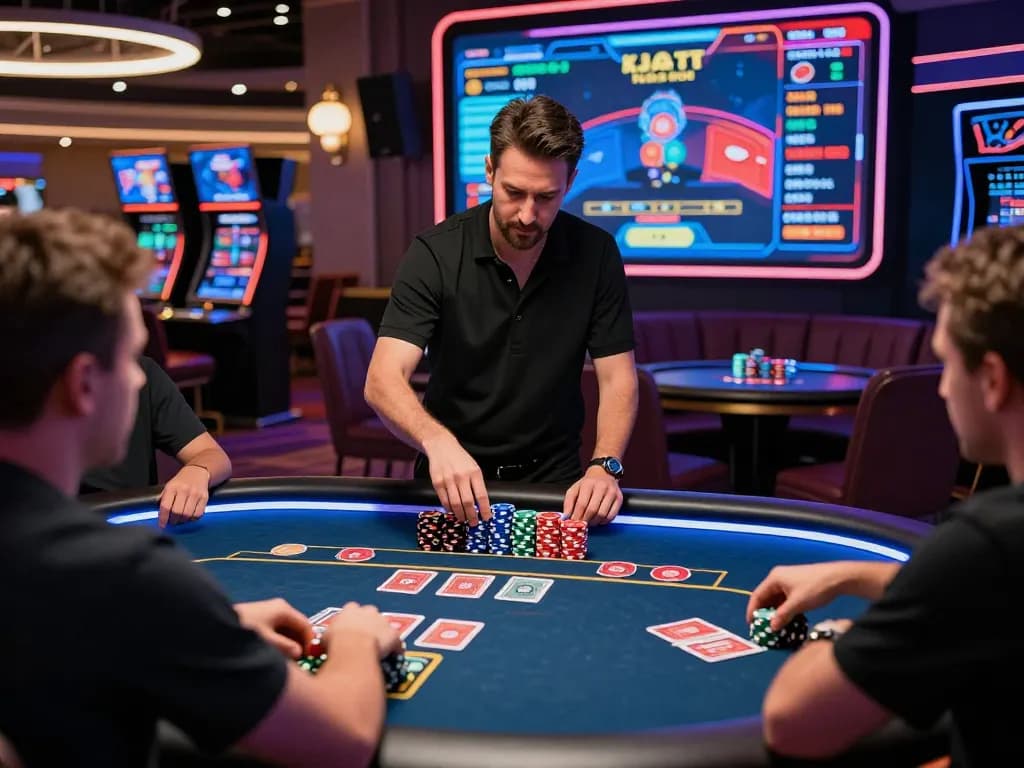 Live casino scene at https://bong99.pro/ with dealers and players enjoying poker game, highlighting vibrant atmosphere.