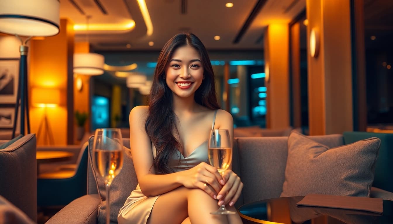 Singapore escort in a luxurious lounge setting, showcasing elegance and diversity.