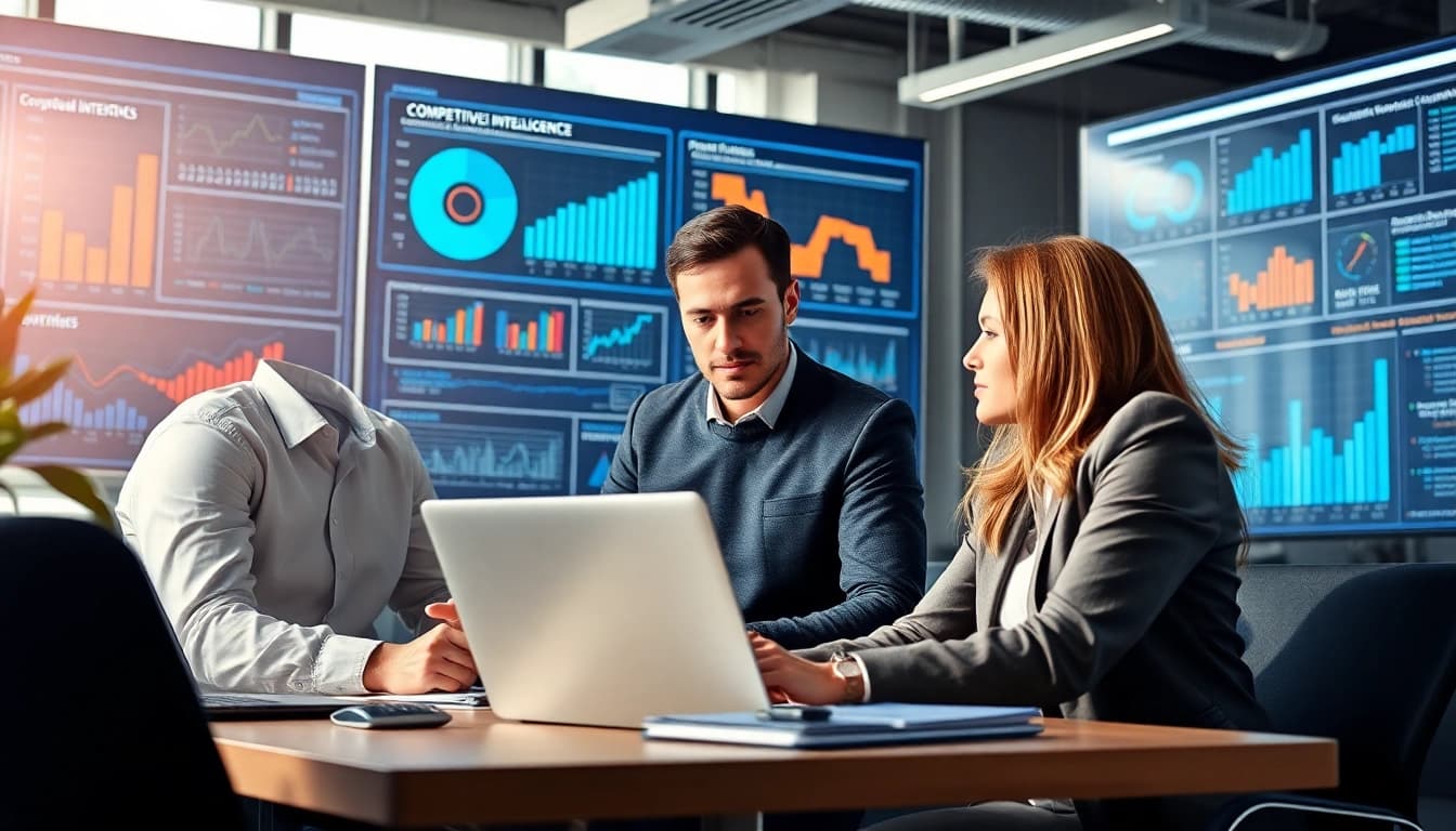 Engaging team discussing competitive intelligence metrics in a modern office environment.