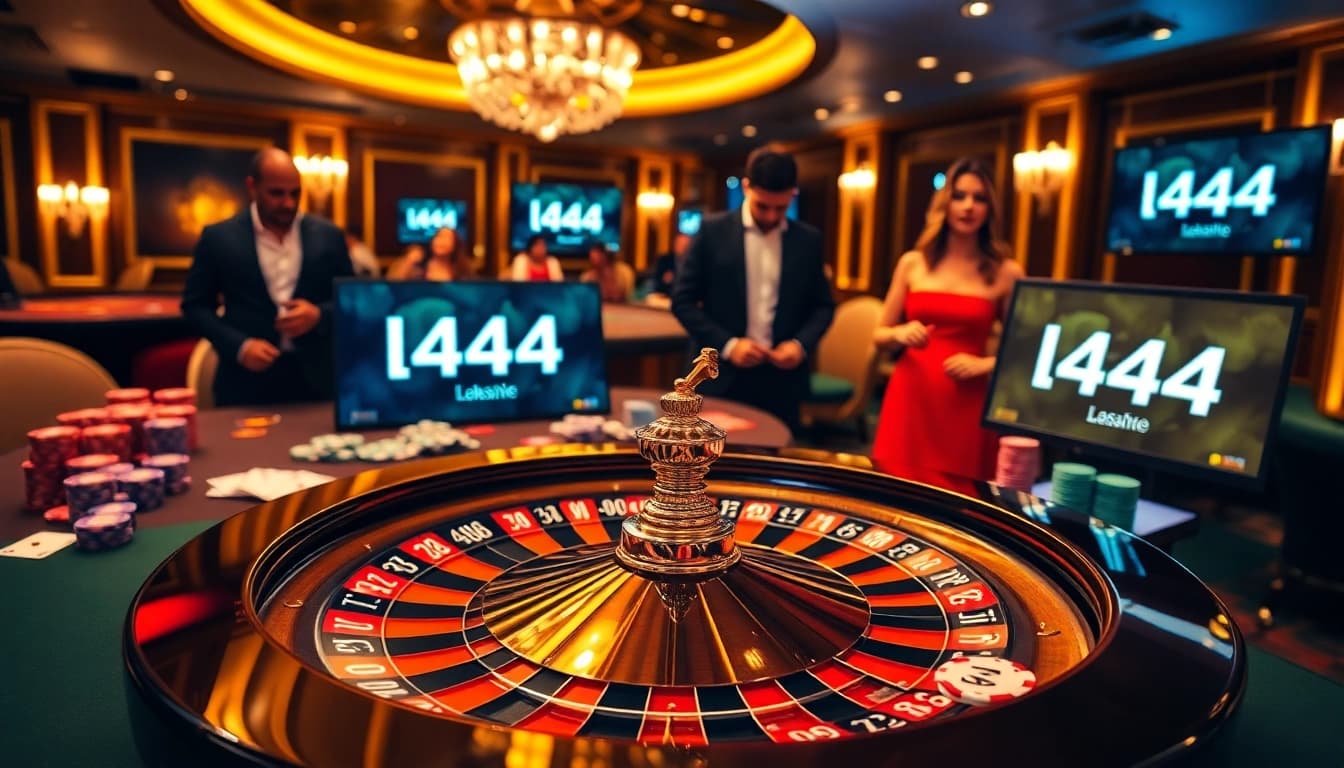 Engaging poker game scene at l444 casino with players and vibrant chips.