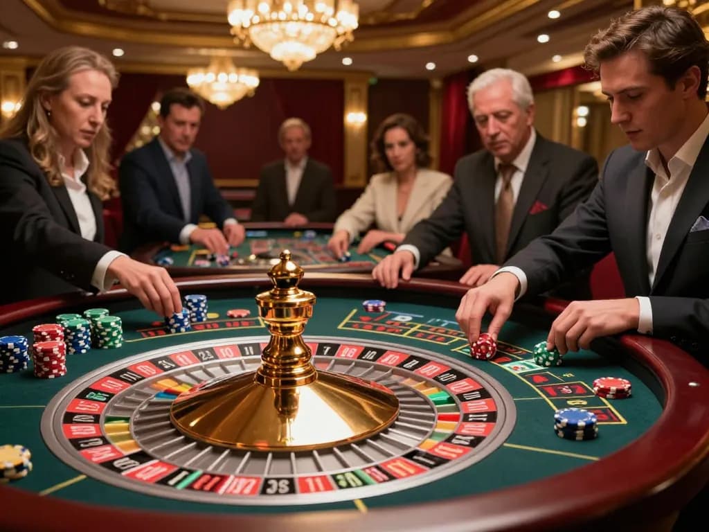 Engaged players at BL555's roulette table placing bets in a luxurious casino.