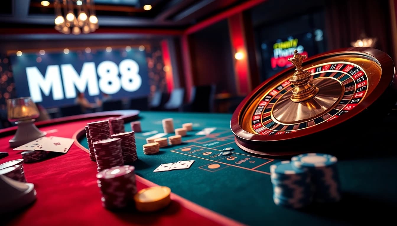 Engaging scene of MM88 showcasing online gambling with vivid casino elements and luxurious design.