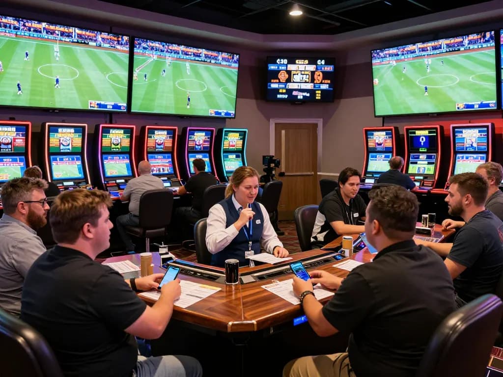 Engaged bettors analyzing odds on https://keotructuyen.jpn.com/ while enjoying a lively sports betting atmosphere.