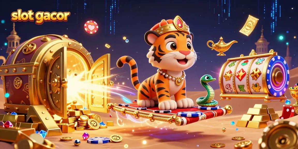 Spin slot gacor reels alongside a magical tiger sultan in a treasure-filled scene.