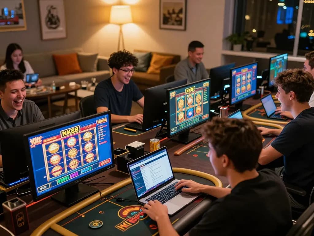 Players enjoying interactive games on NK88 online casino app in a vibrant home setting.