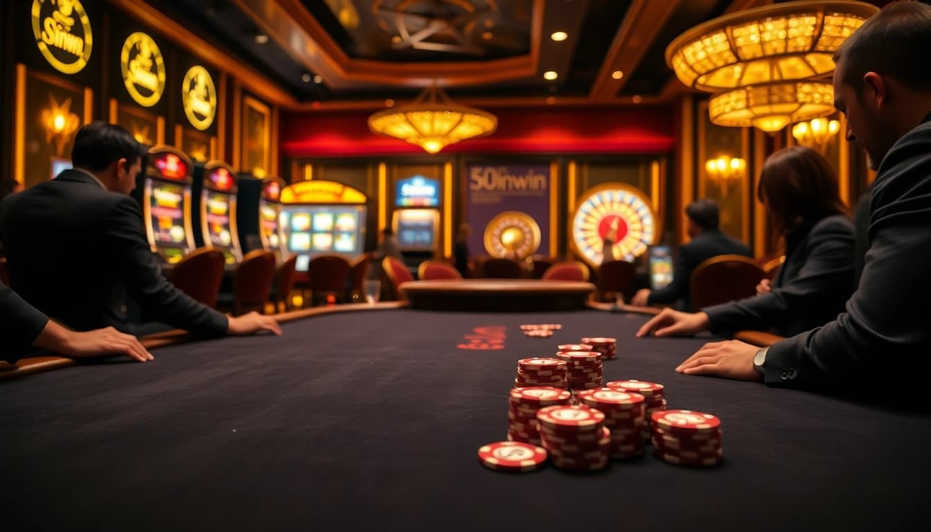 Experience sunwin excitement at a luxury casino with vibrant tables and engaging players.