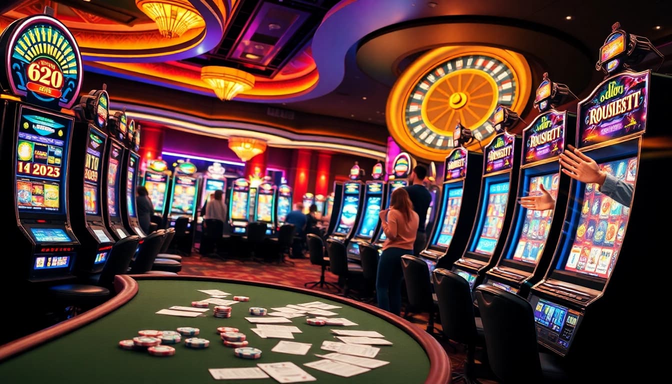 Excited players winning at an idn slot machine surrounded by vibrant casino ambiance.