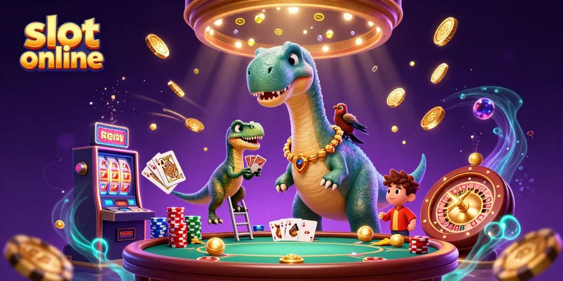 Engage with slot online fun as a cartoon brontosaurus peers down, while coins and gems explode in a dazzling casino