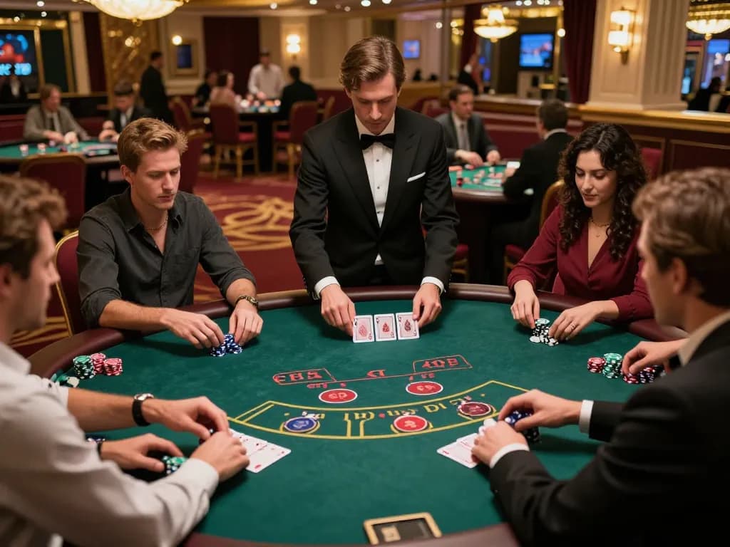 Exciting okwin blackjack game with players strategizing at a luxurious casino table.