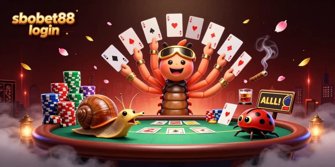 Engage in sbobet88 login with an energetic dealer and players animated in a vibrant casino scene.